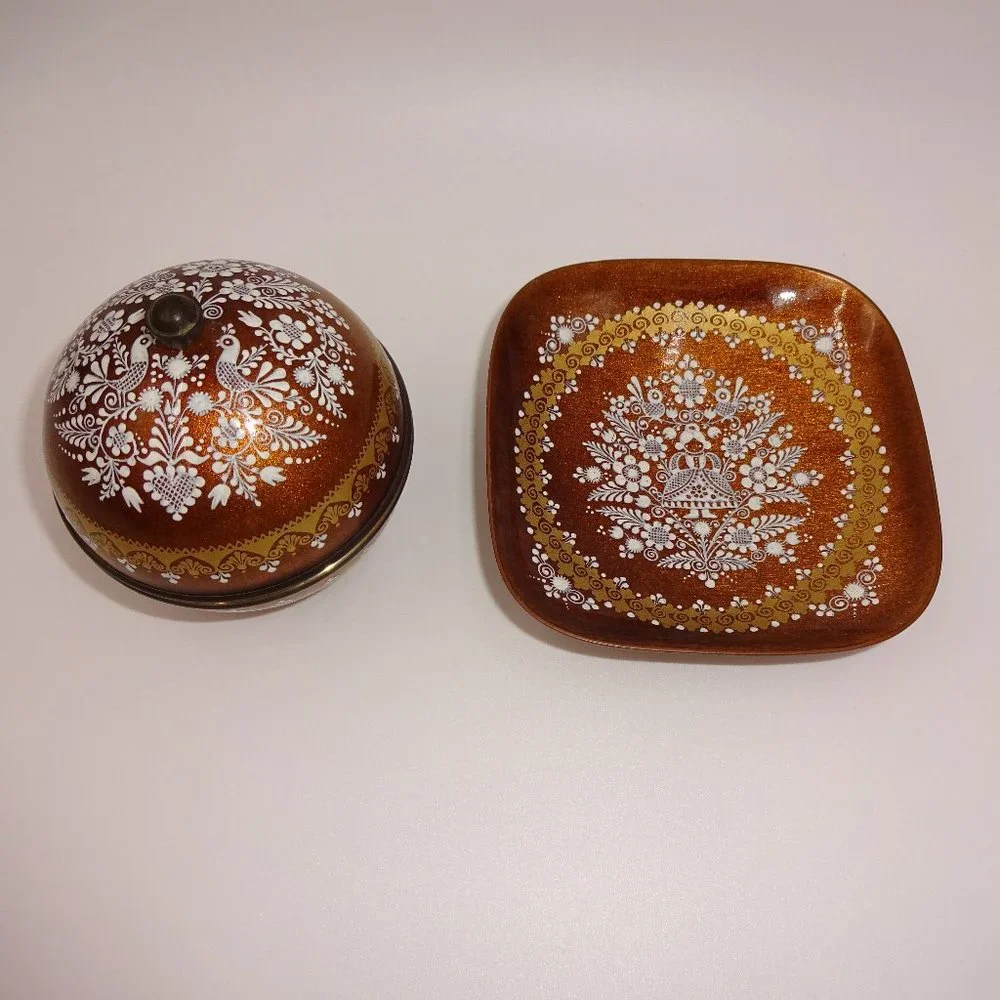 Enamel Steinbock Email Round Trinket Box & Square Tray Gold White Flowers Woman